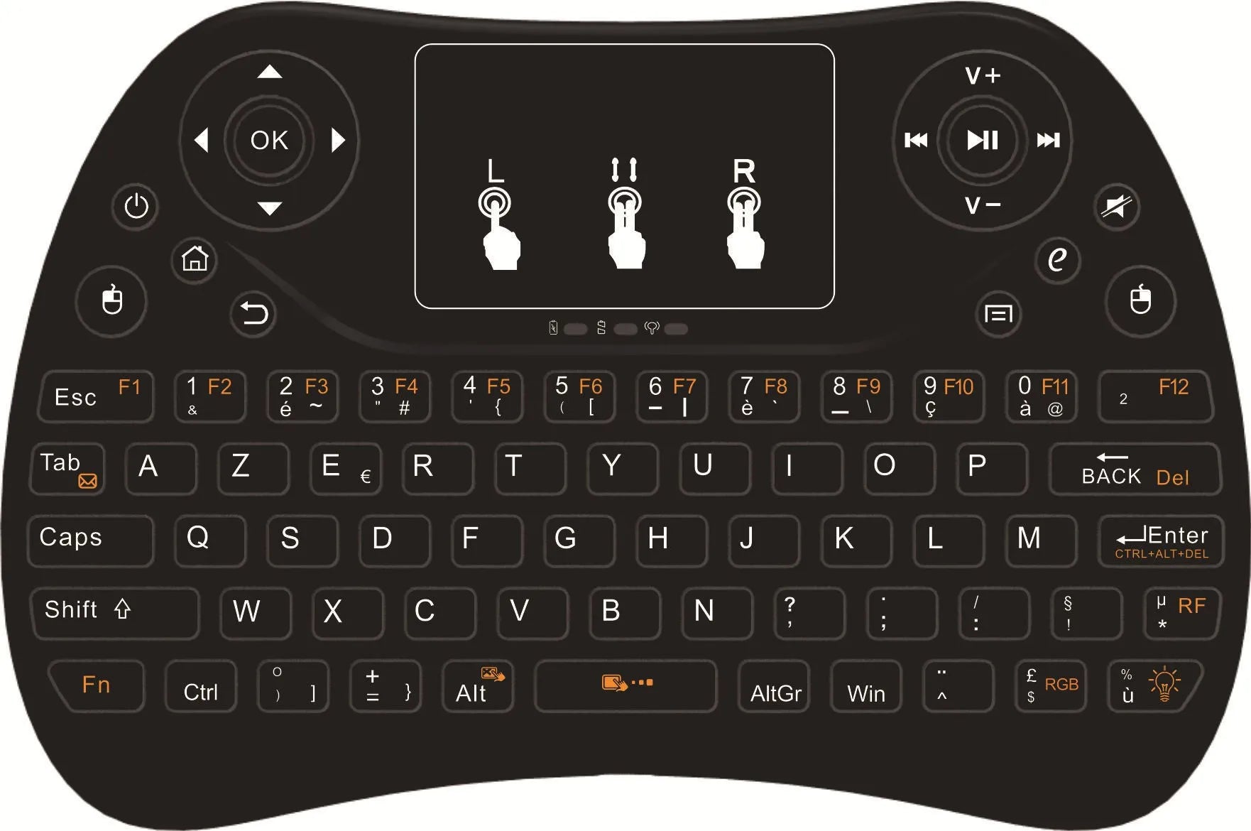 Mini wireless keyboard with multi-colour backlit keys on English layout.