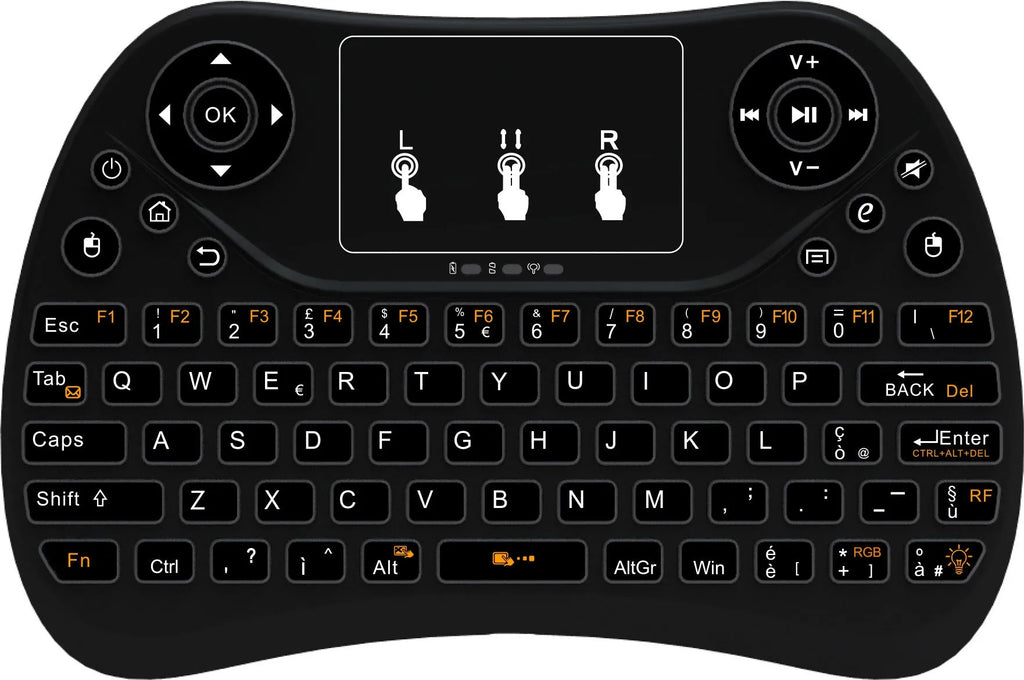 Mini wireless keyboard with multi-colour backlit keys on English layout.