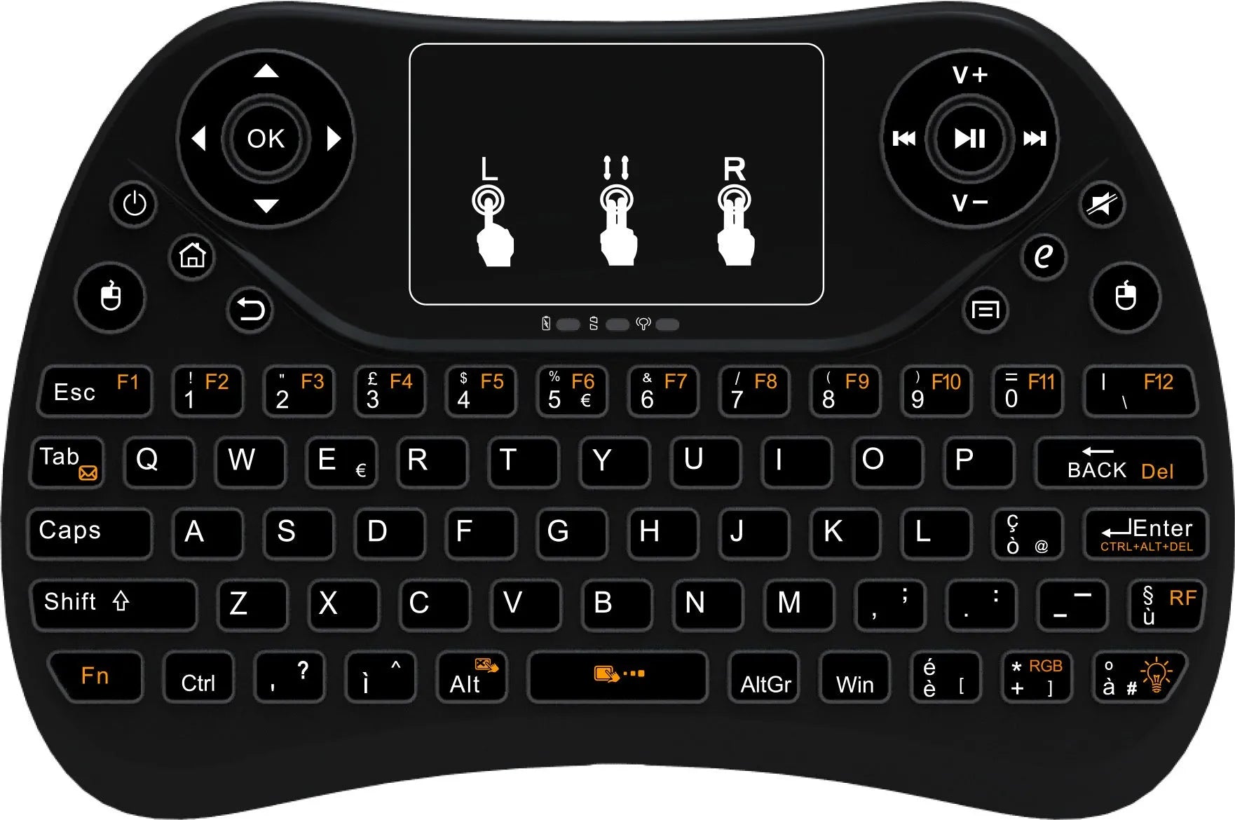Mini wireless keyboard with multi-colour backlit keys on English layout.