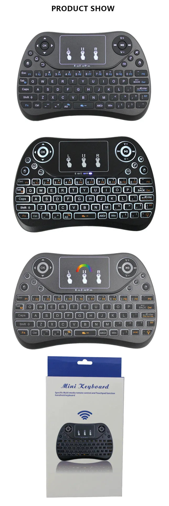 Mini wireless keyboard with multi-colour backlit keys on English layout.
