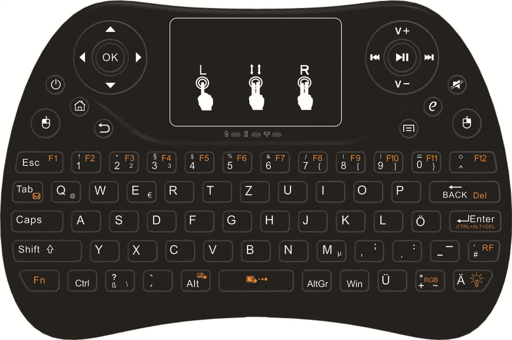 Mini wireless keyboard with multi-colour backlit keys on English layout.