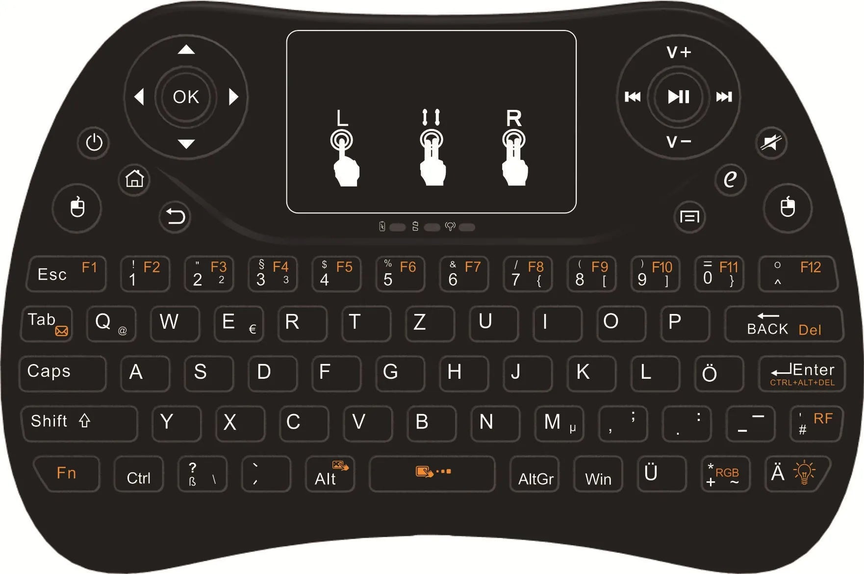 Mini wireless keyboard with multi-colour backlit keys on English layout.