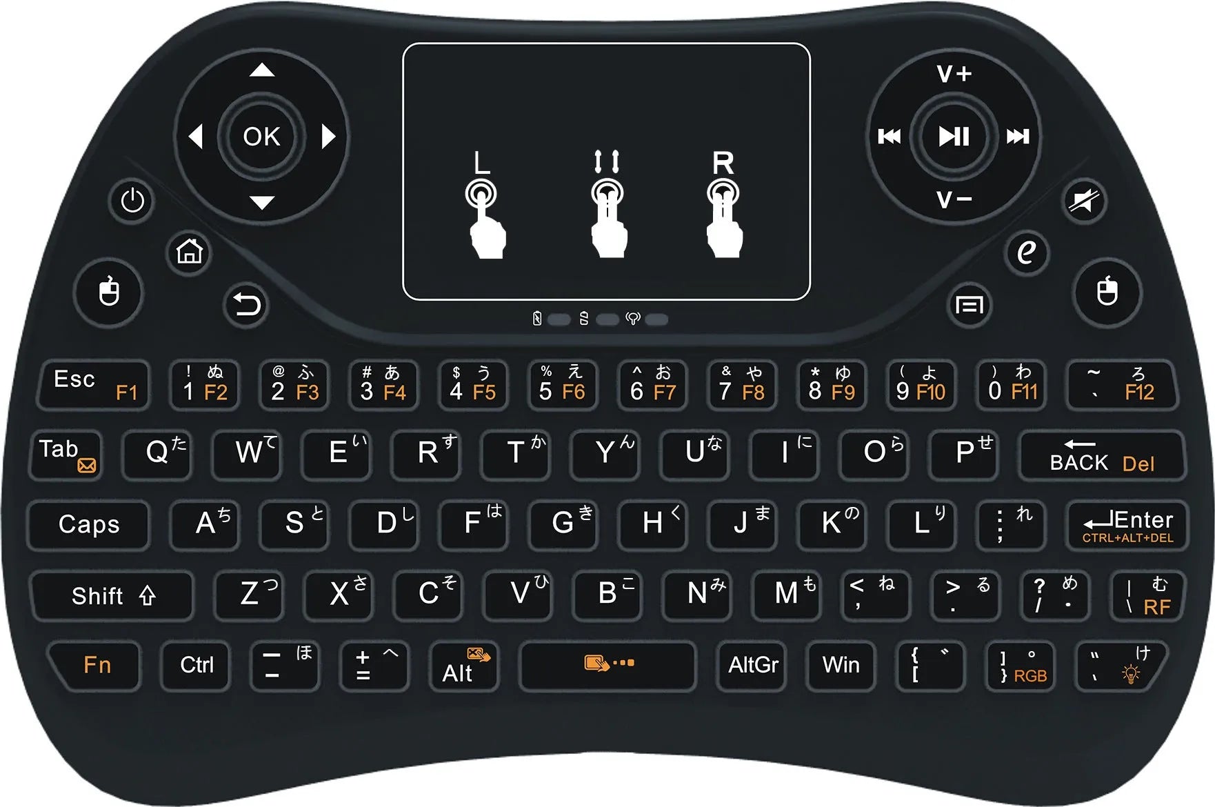 Mini wireless keyboard with multi-colour backlit keys on English layout.