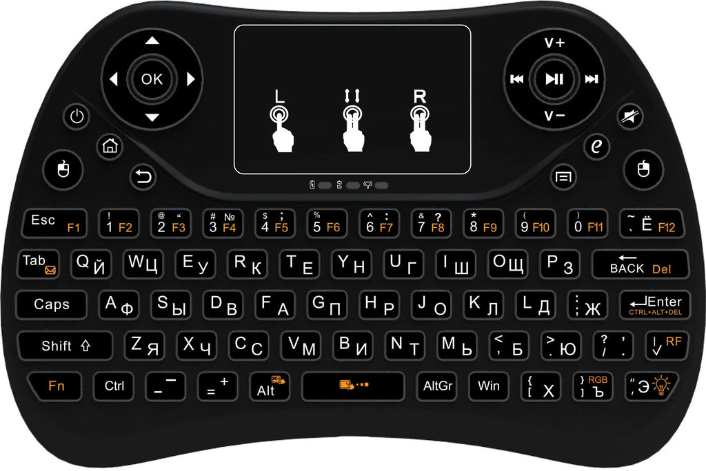 Mini wireless keyboard with multi-colour backlit keys on English layout.