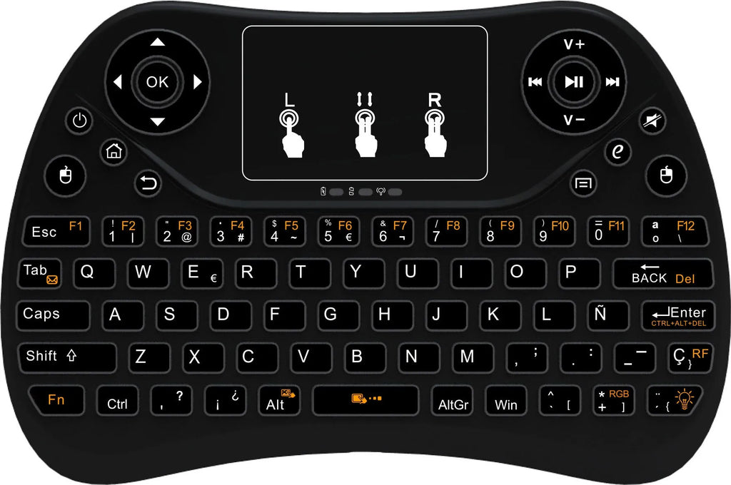 Mini wireless keyboard with multi-colour backlit keys on English layout.