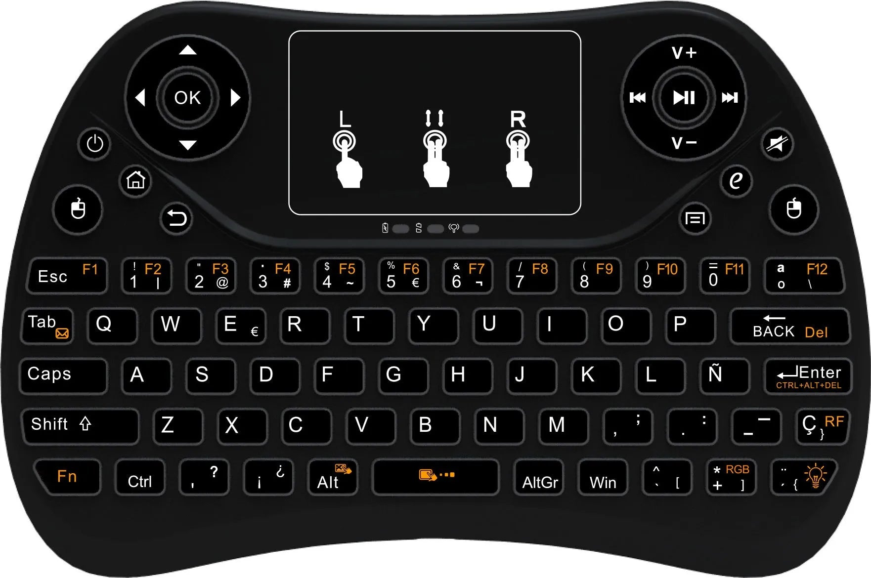 Mini wireless keyboard with multi-colour backlit keys on English layout.