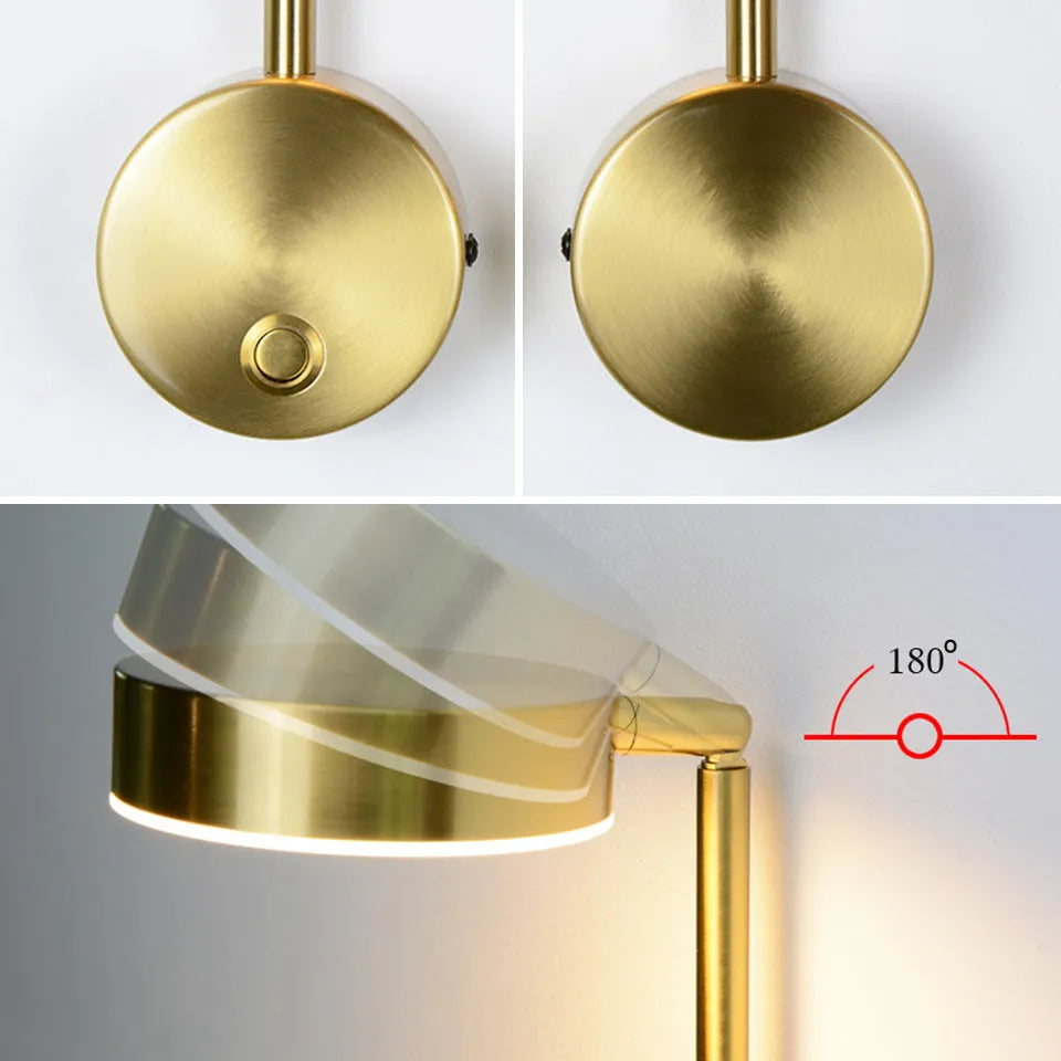 Golden square LED wall lamp with acrylic shade mounted on a wall