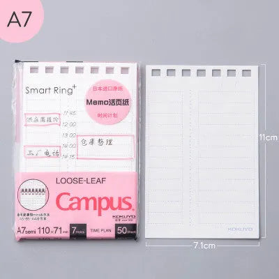 A7 hardcover detachable coil notebook in multiple colours with timeline, blank, and checkered paper visible.