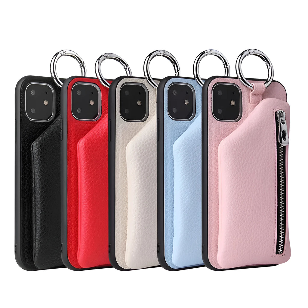 PU leather iPhone wallet case with crossbody lanyard strap in solid colour options