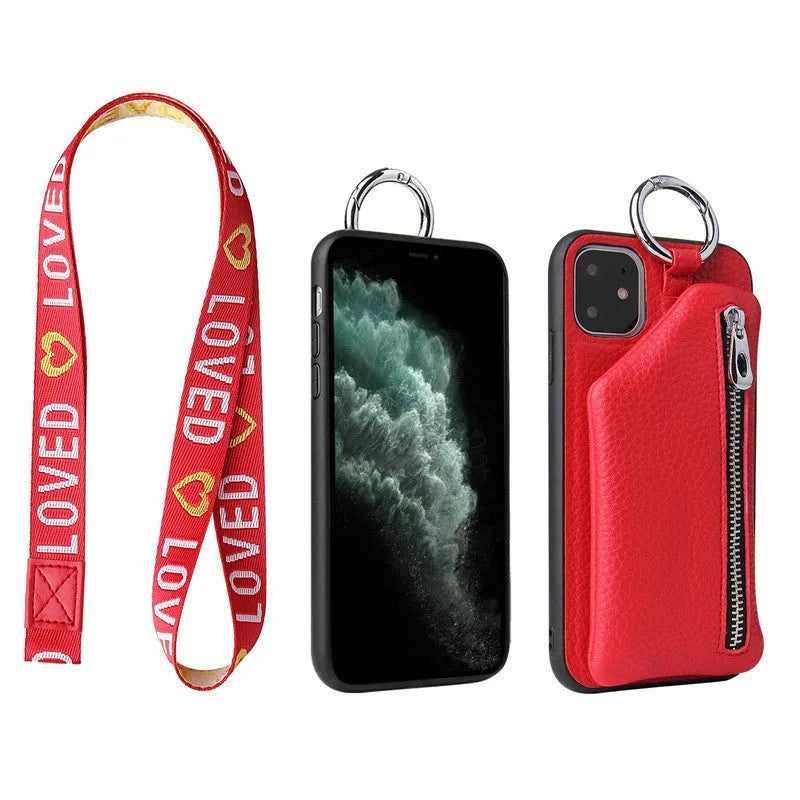 PU leather iPhone wallet case with crossbody lanyard strap in solid colour options