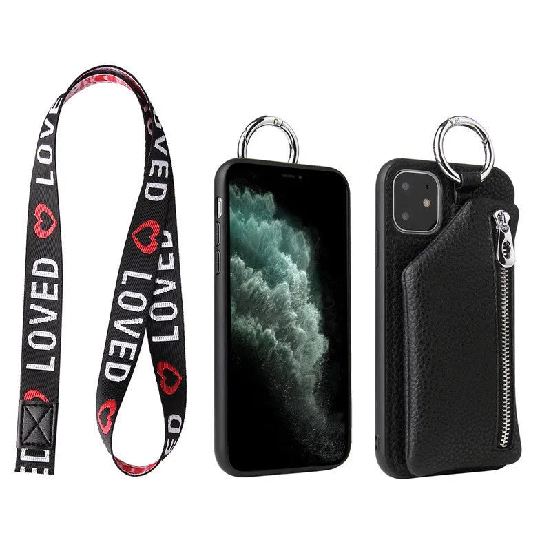 PU leather iPhone wallet case with crossbody lanyard strap in solid colour options
