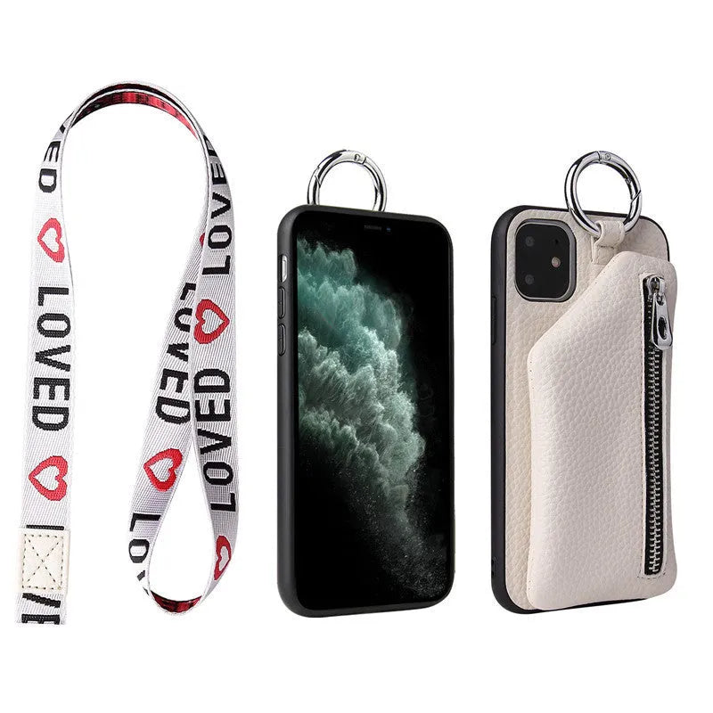 PU leather iPhone wallet case with crossbody lanyard strap in solid colour options