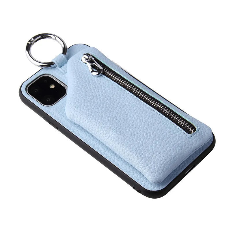 PU leather iPhone wallet case with crossbody lanyard strap in solid colour options
