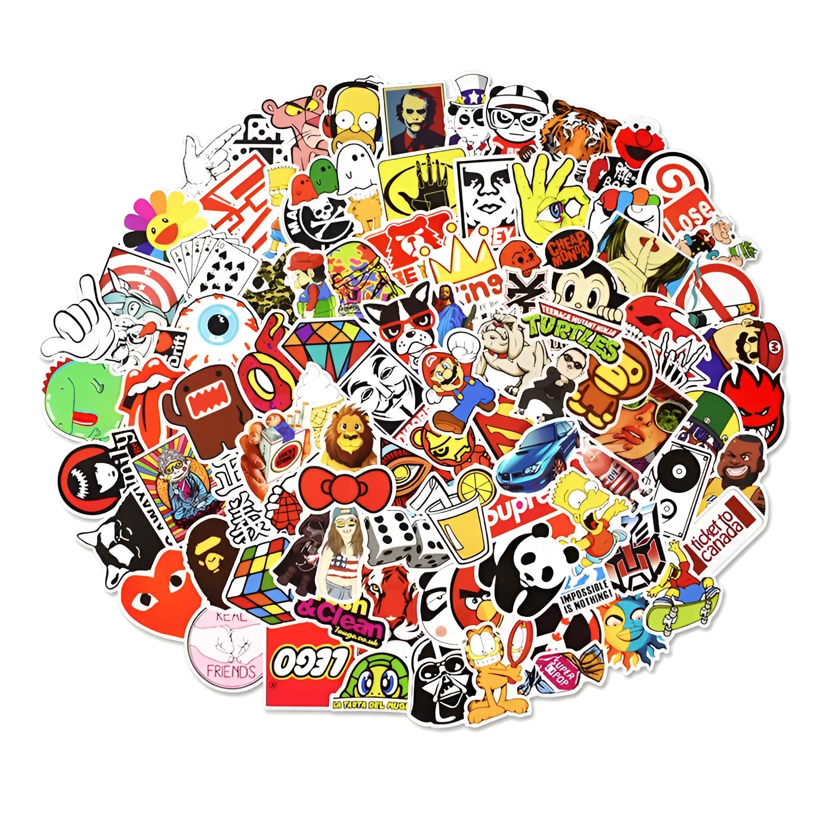 Mixed graffiti luggage stickers pack showing cartoon car designs in assorted sizes from 6cm to 12cm