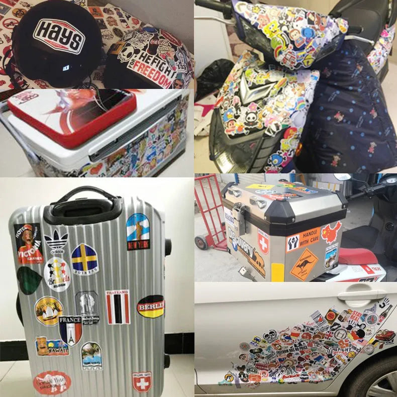 Mixed graffiti luggage stickers pack showing cartoon car designs in assorted sizes from 6cm to 12cm