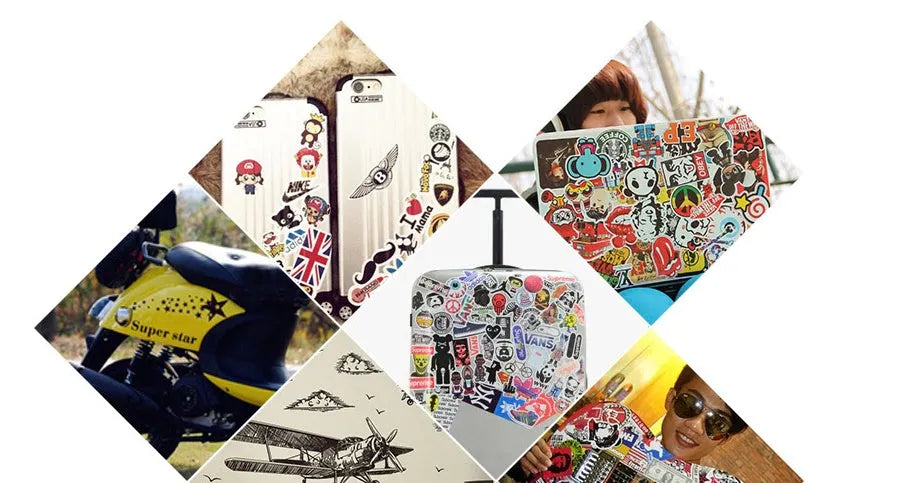 Mixed graffiti luggage stickers pack showing cartoon car designs in assorted sizes from 6cm to 12cm