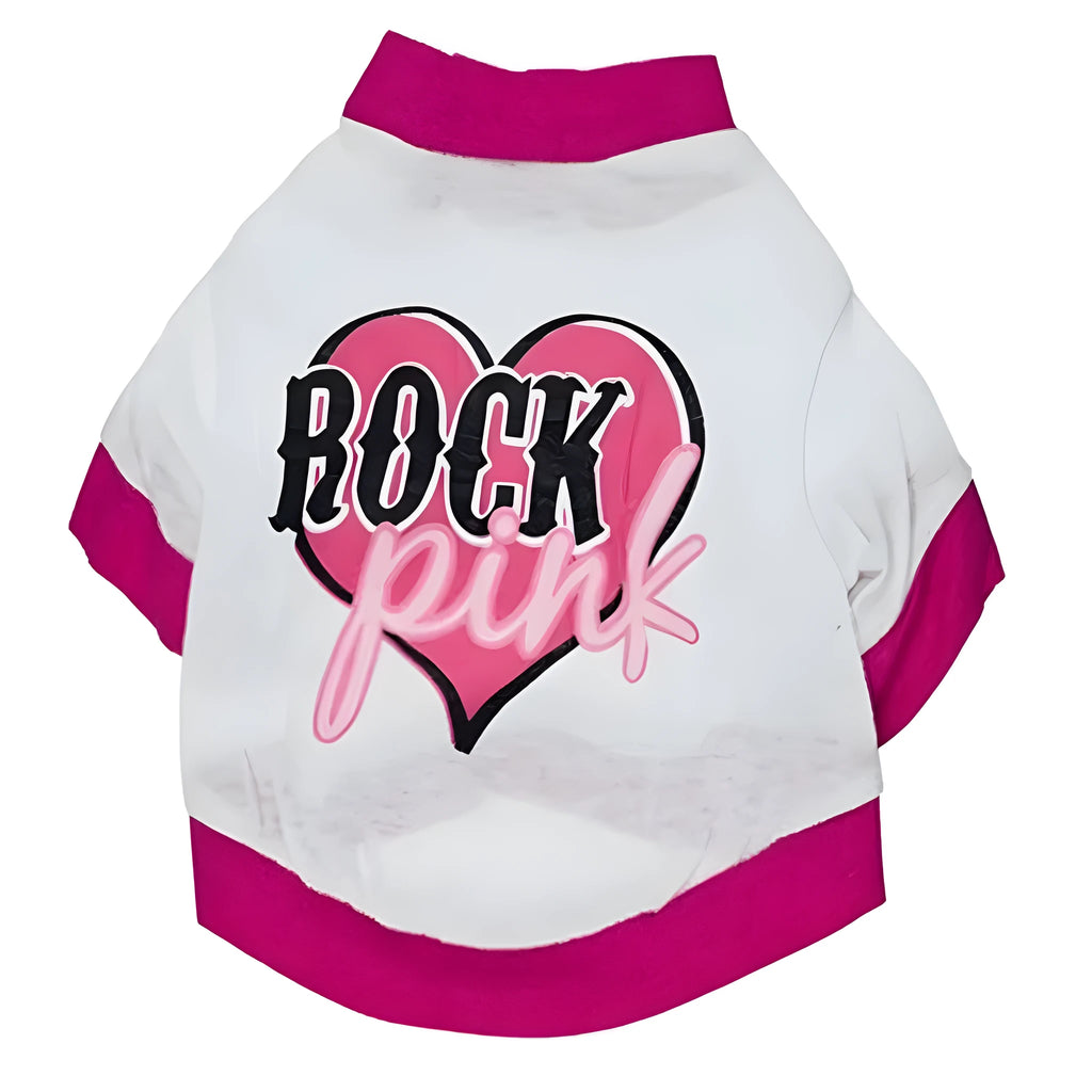 A cotton t-shirt for pets shown in a leisure style, suitable for dogs and cats, with size tags for XS, S, M, and L.
