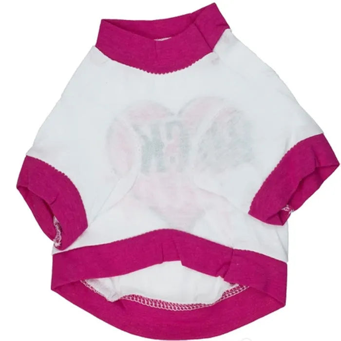 A cotton t-shirt for pets shown in a leisure style, suitable for dogs and cats, with size tags for XS, S, M, and L.