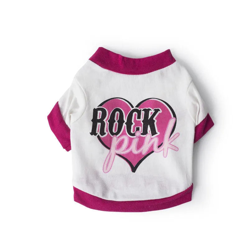 A cotton t-shirt for pets shown in a leisure style, suitable for dogs and cats, with size tags for XS, S, M, and L.