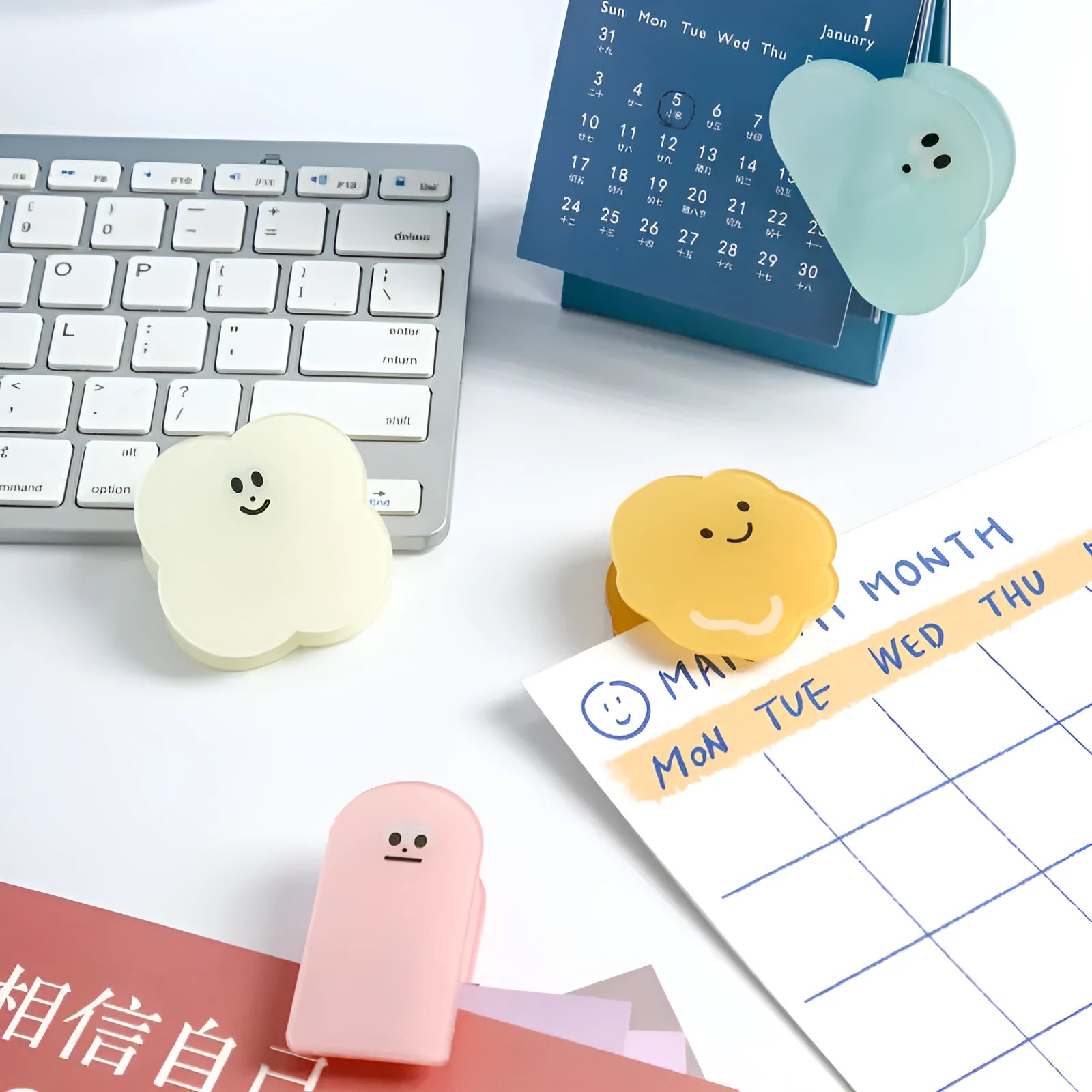 Acrylic cartoon collage clips in beige, blue, orange, and pink colours for crafts and organisation
