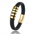 Custom family name bracelet unisex leather titanium stainless steel geometric design black colour double safety clasps
