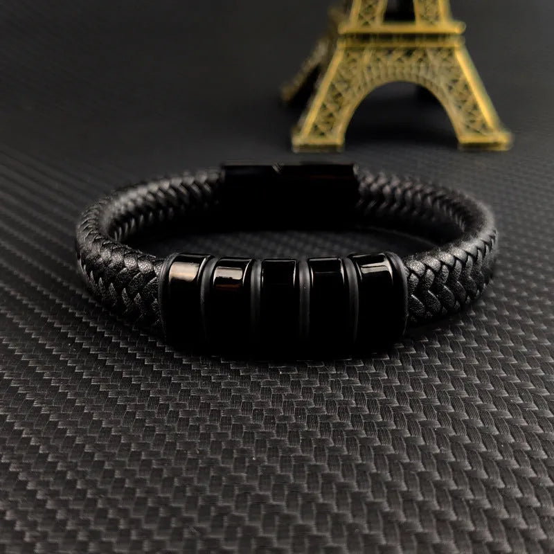 Custom family name bracelet unisex leather titanium stainless steel geometric design black colour double safety clasps