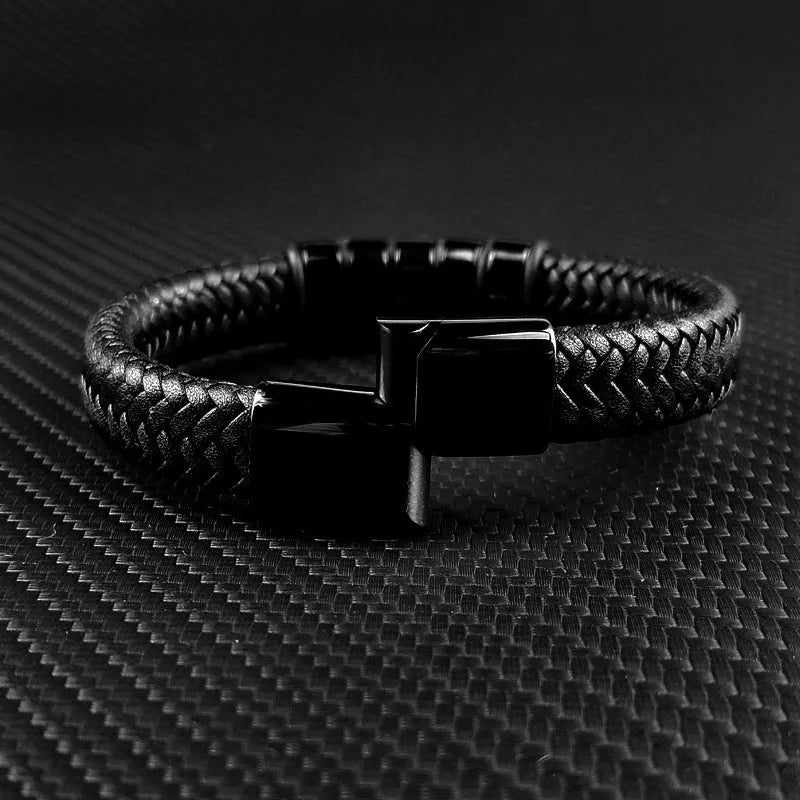 Custom family name bracelet unisex leather titanium stainless steel geometric design black colour double safety clasps