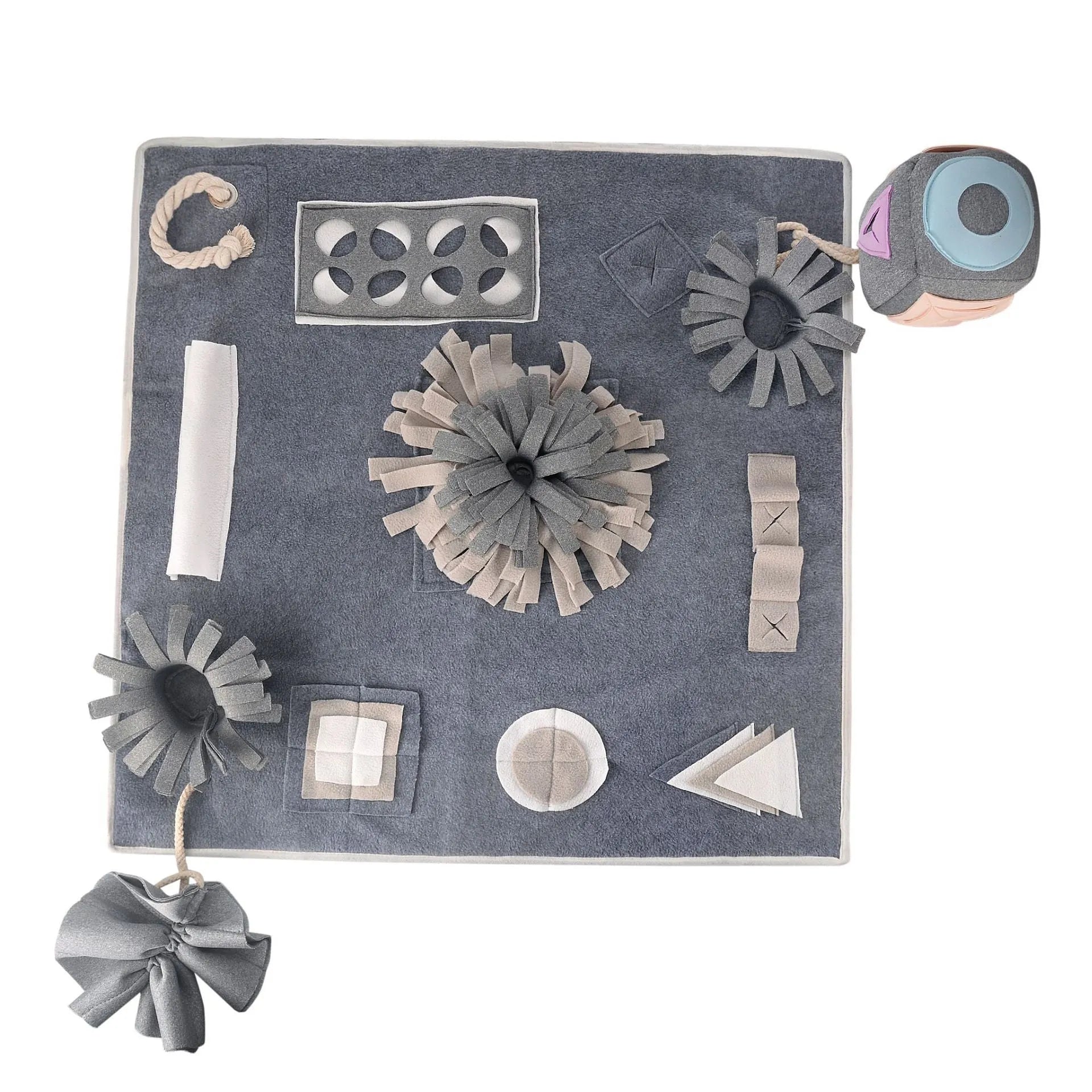 Grey cloth dog sniffing mat with two snuffle toys for mental stimulation