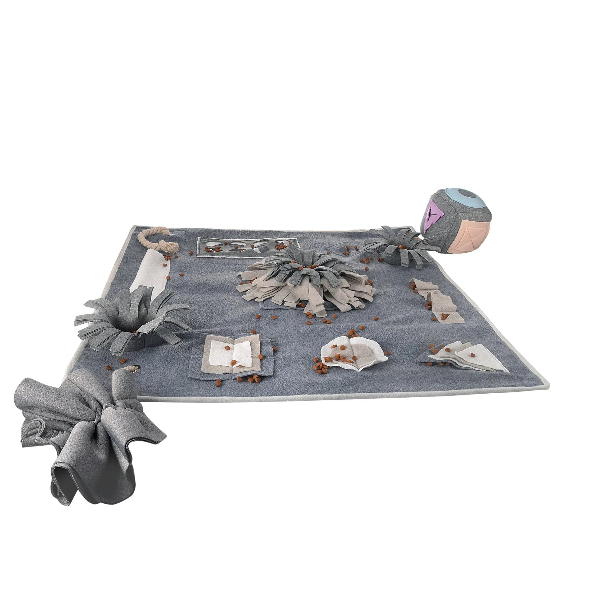 Grey cloth dog sniffing mat with two snuffle toys for mental stimulation