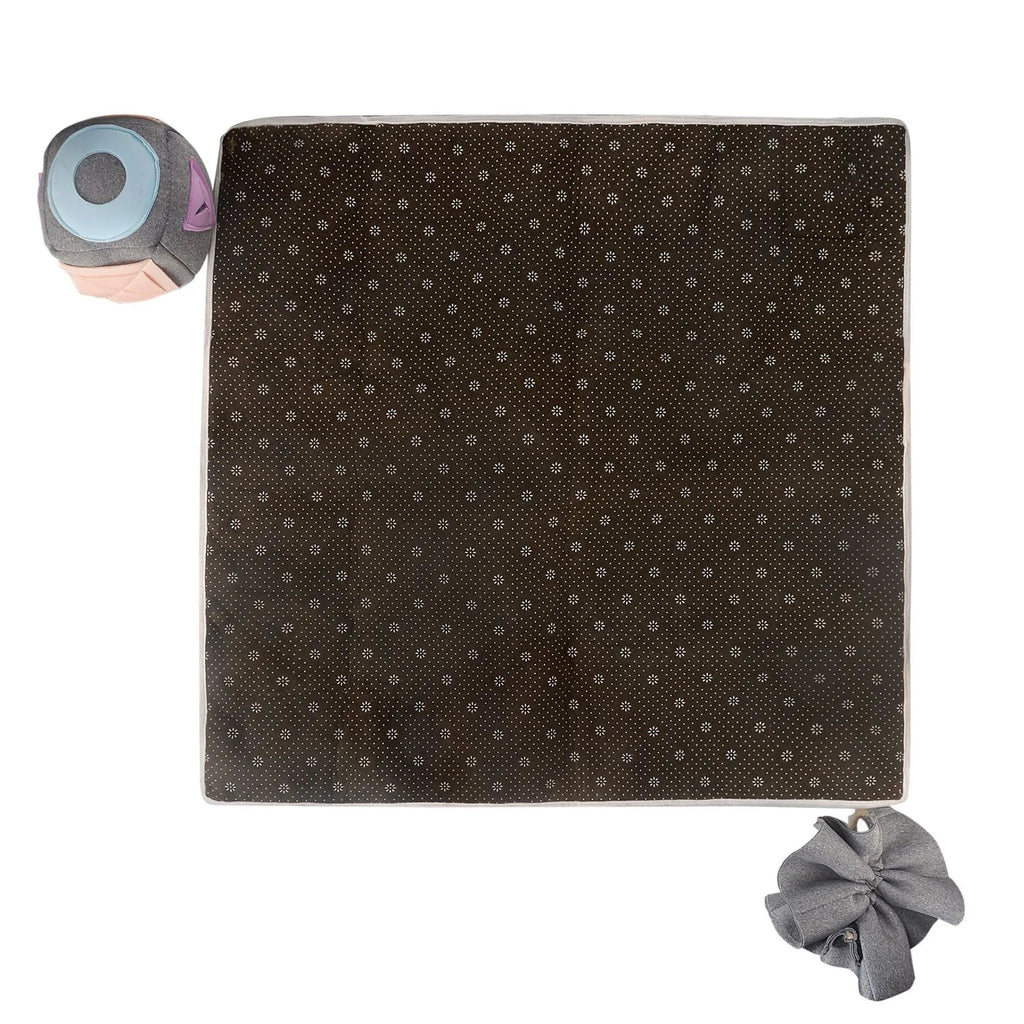 Grey cloth dog sniffing mat with two snuffle toys for mental stimulation