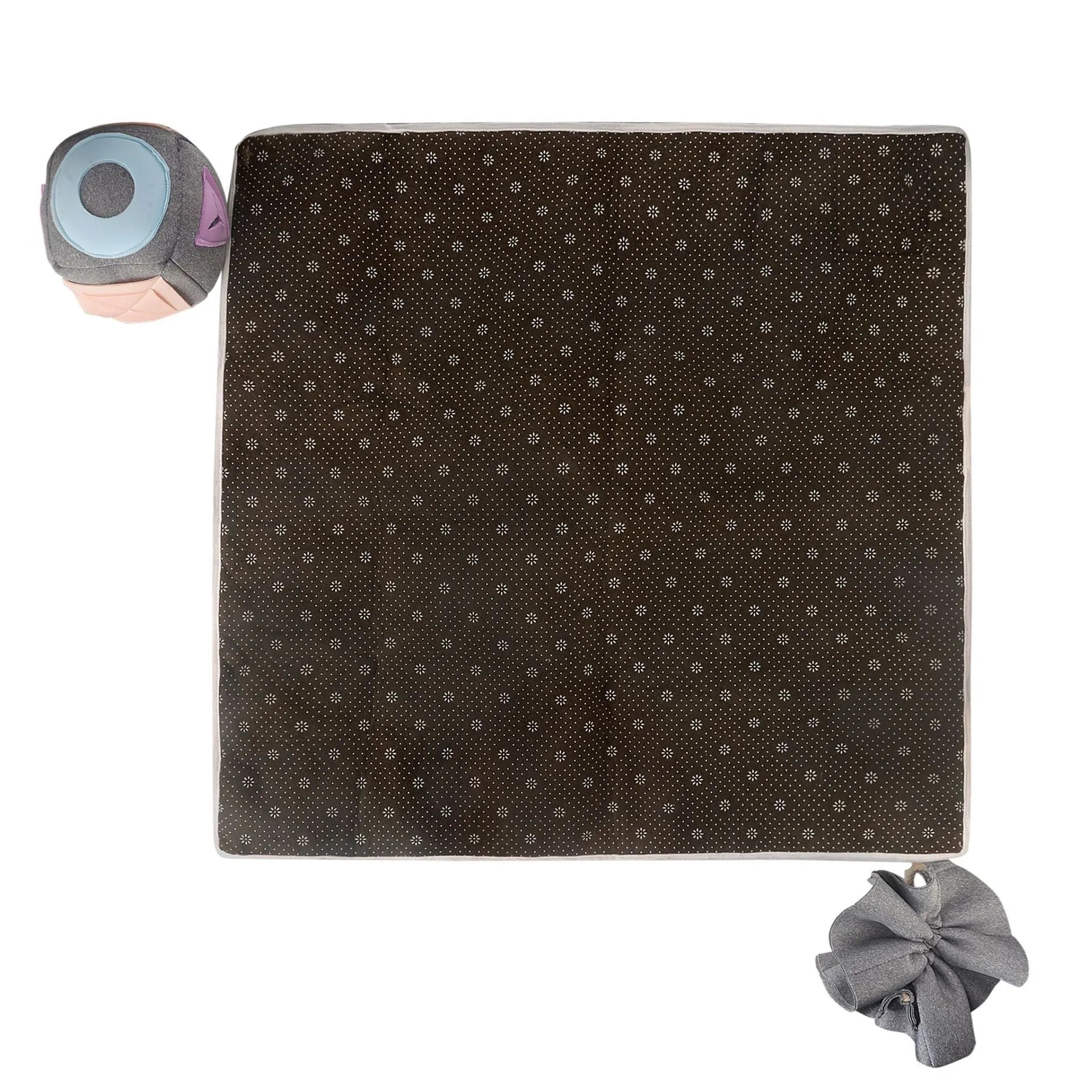 Grey cloth dog sniffing mat with two snuffle toys for mental stimulation