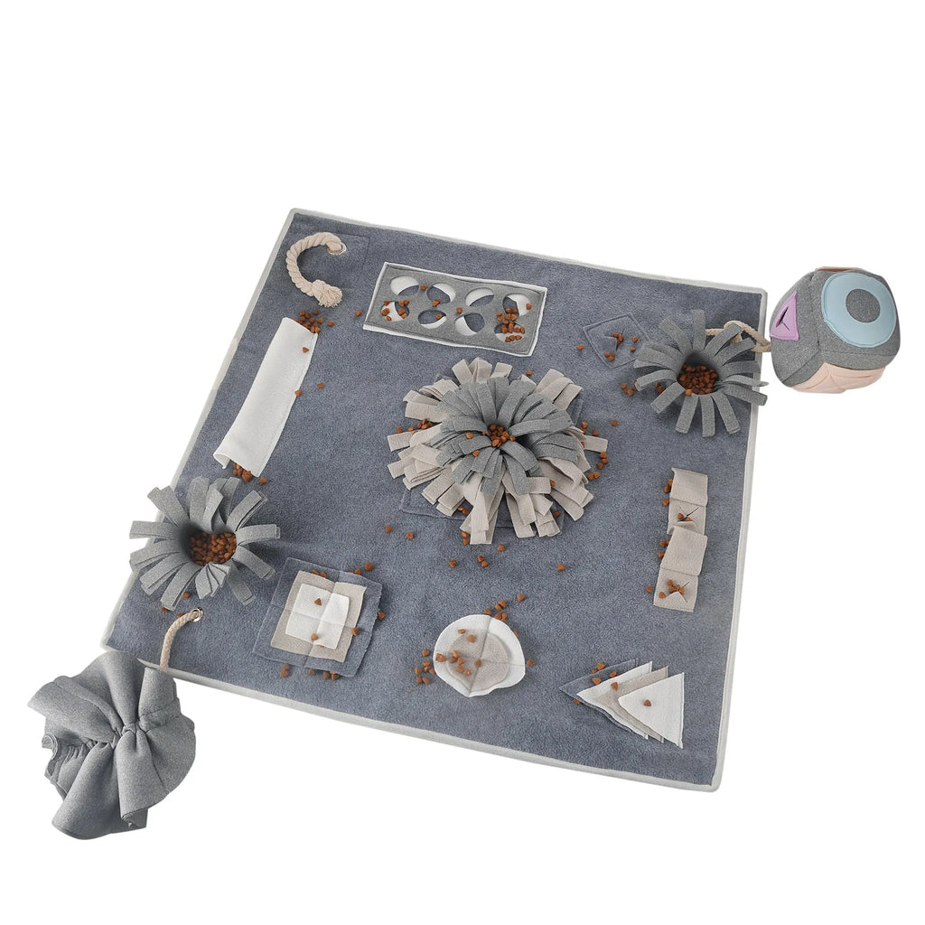 Grey cloth dog sniffing mat with two snuffle toys for mental stimulation
