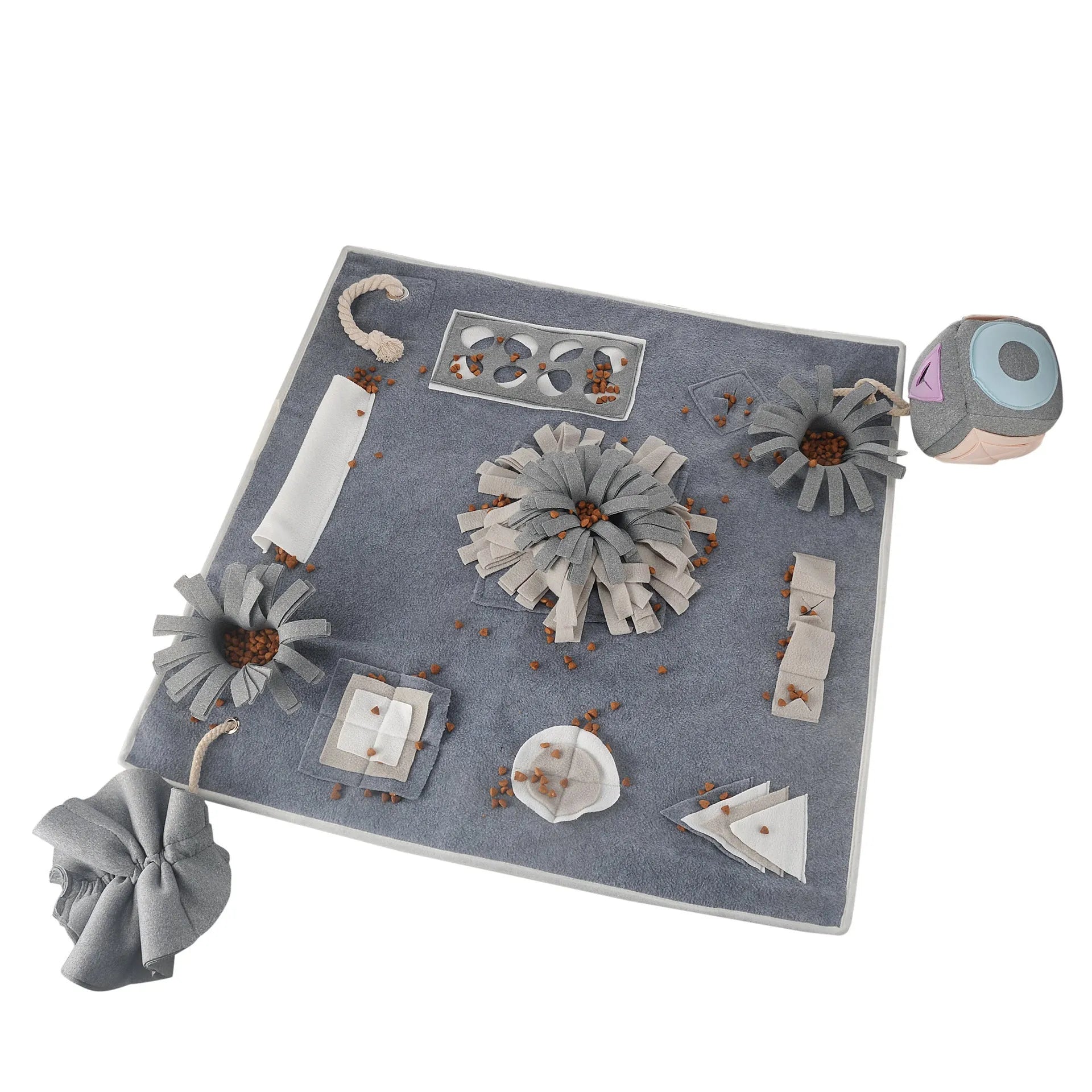 Grey cloth dog sniffing mat with two snuffle toys for mental stimulation