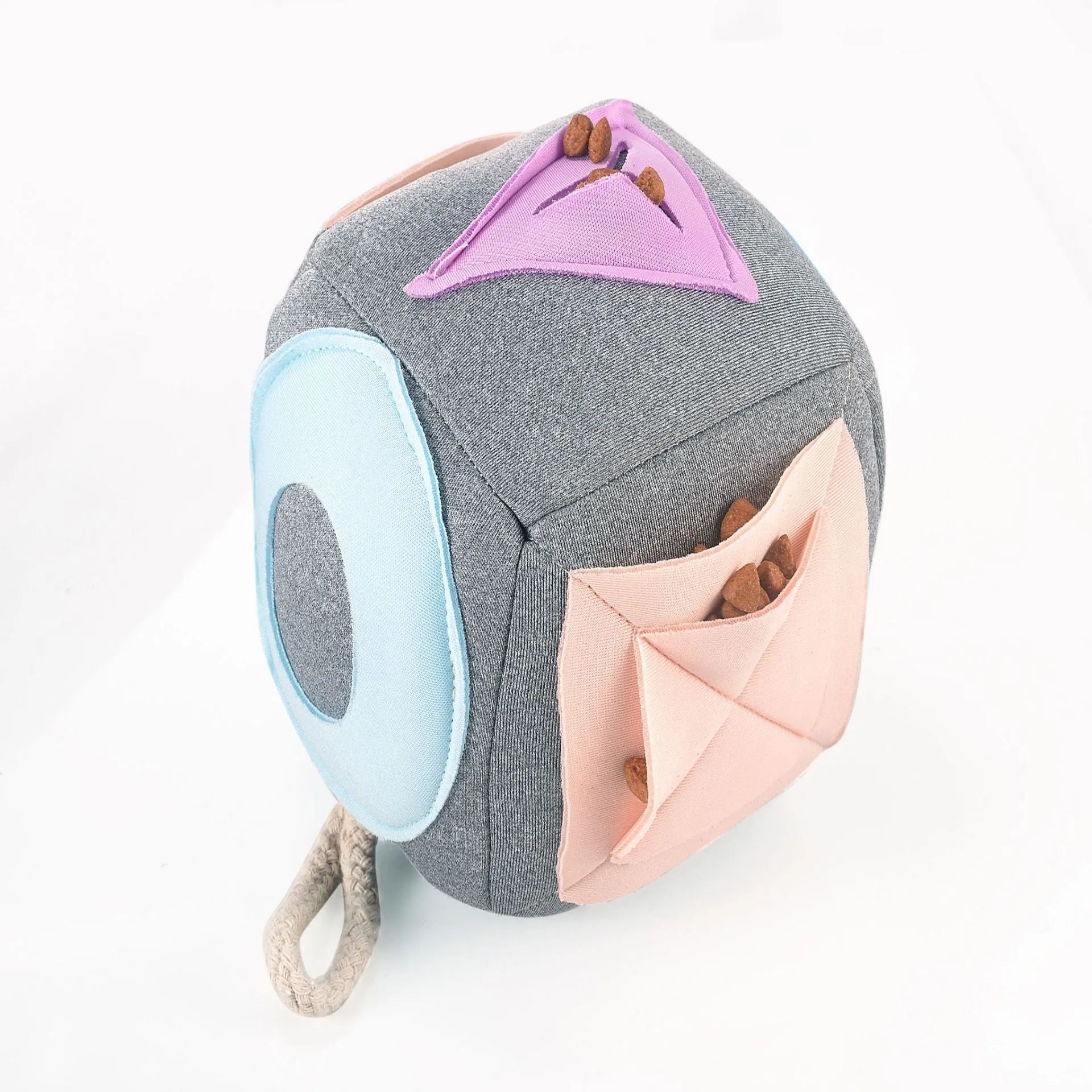 Grey cloth dog sniffing mat with two snuffle toys for mental stimulation