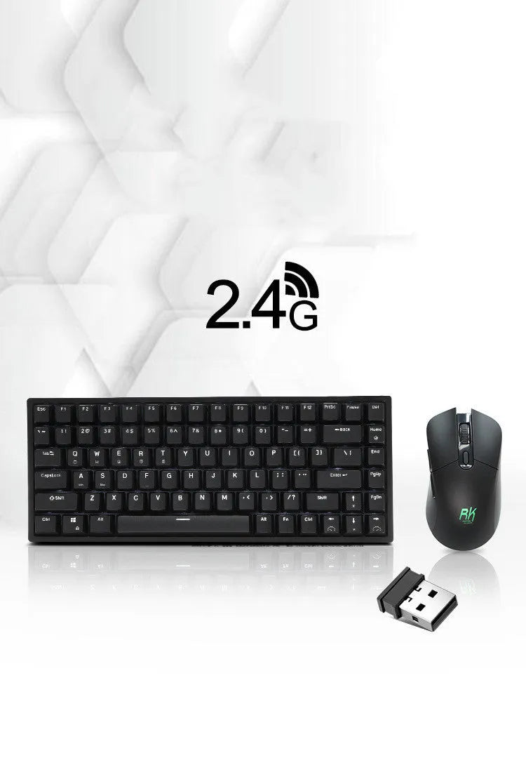 RK526 wireless mechanical keyboard and mouse set in blue, brown, or red colour with USB transmitter