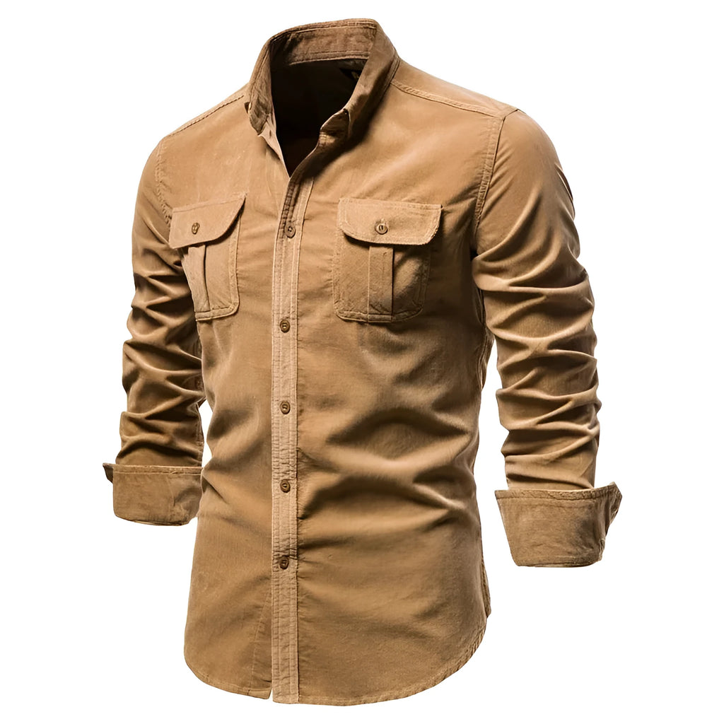 Men's linen longsleeve casual shirt shown in Denim Blue colour with multiple other colour options available