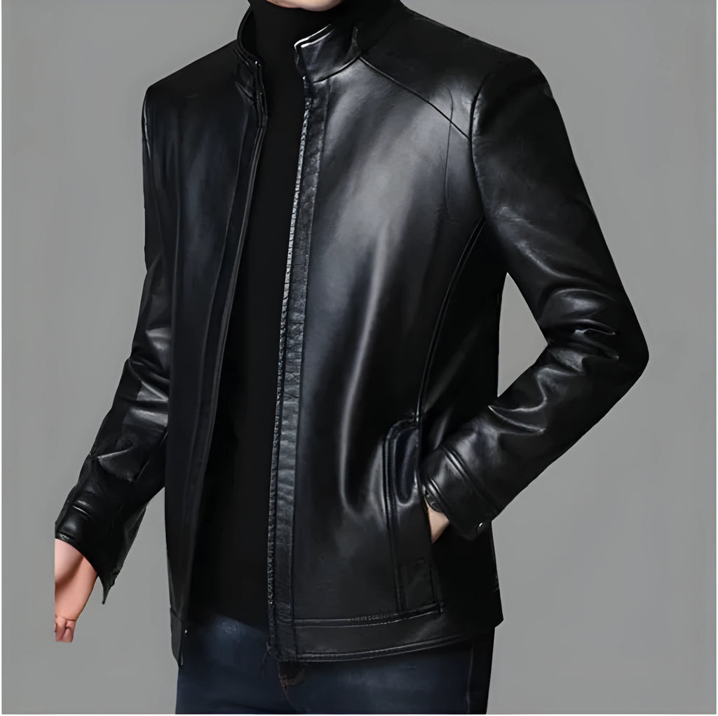 Men's loose fit artificial leather jacket with stand-up collar and epaulettes in black