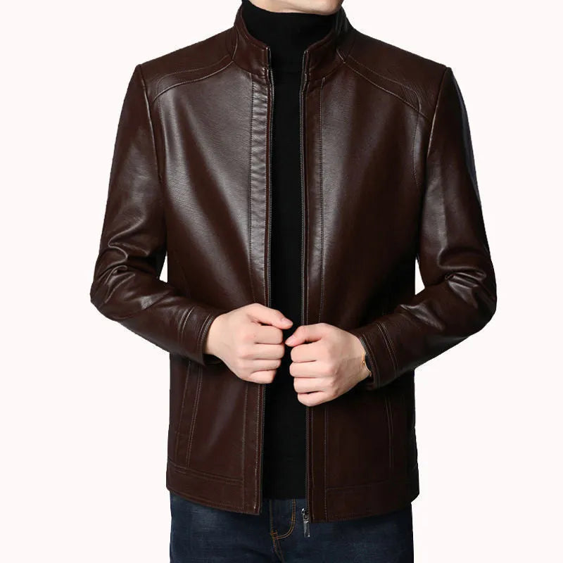 Men's loose fit artificial leather jacket with stand-up collar and epaulettes in black