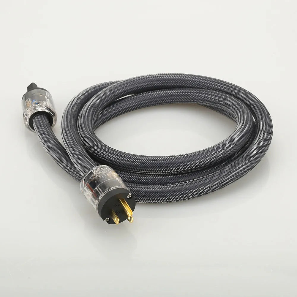 HiFi audio power cord with pure copper conductors showing European and American plug options