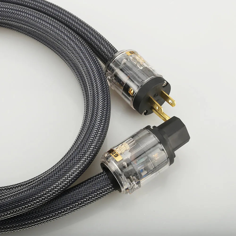 HiFi audio power cord with pure copper conductors showing European and American plug options