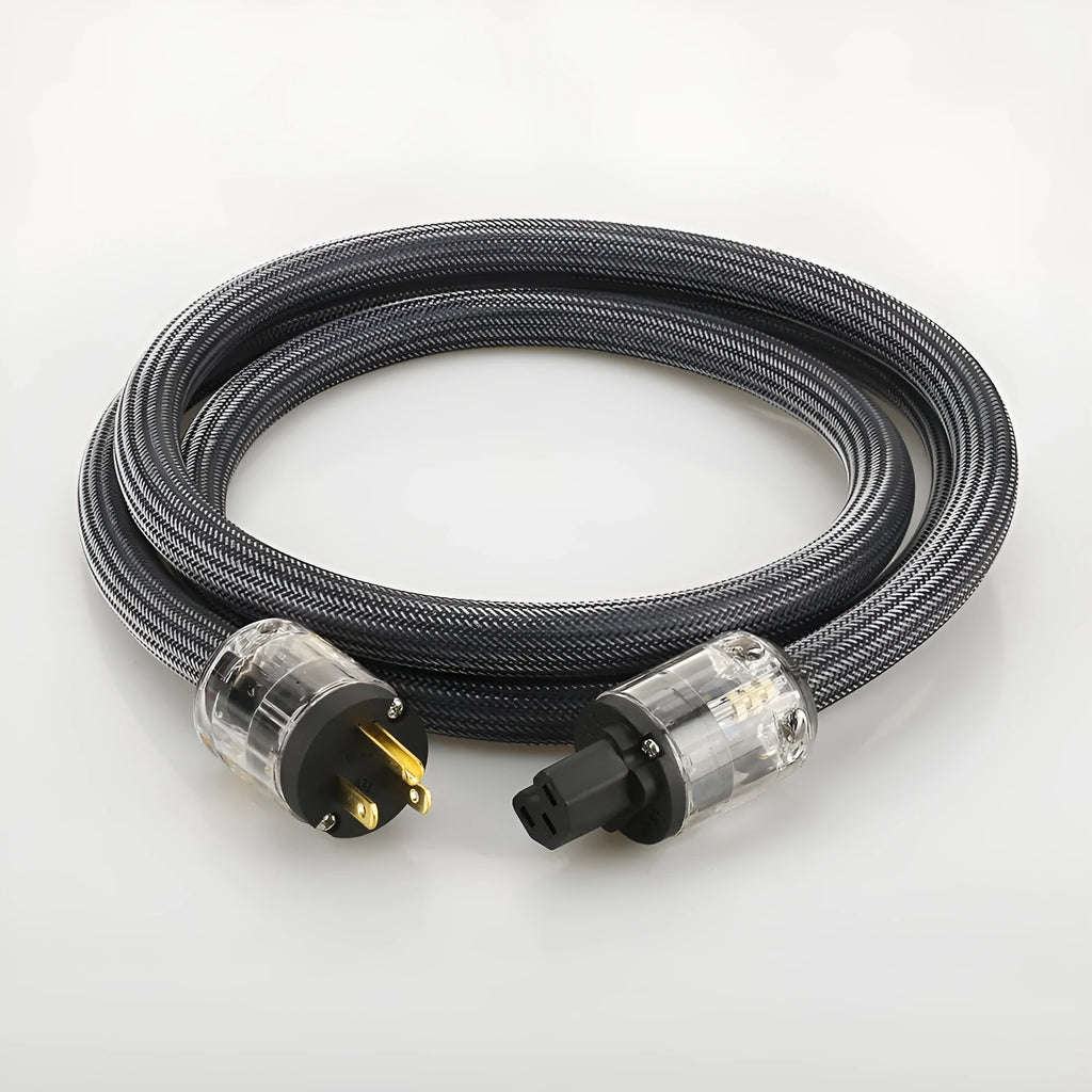 HiFi audio power cord with pure copper conductors showing European and American plug options