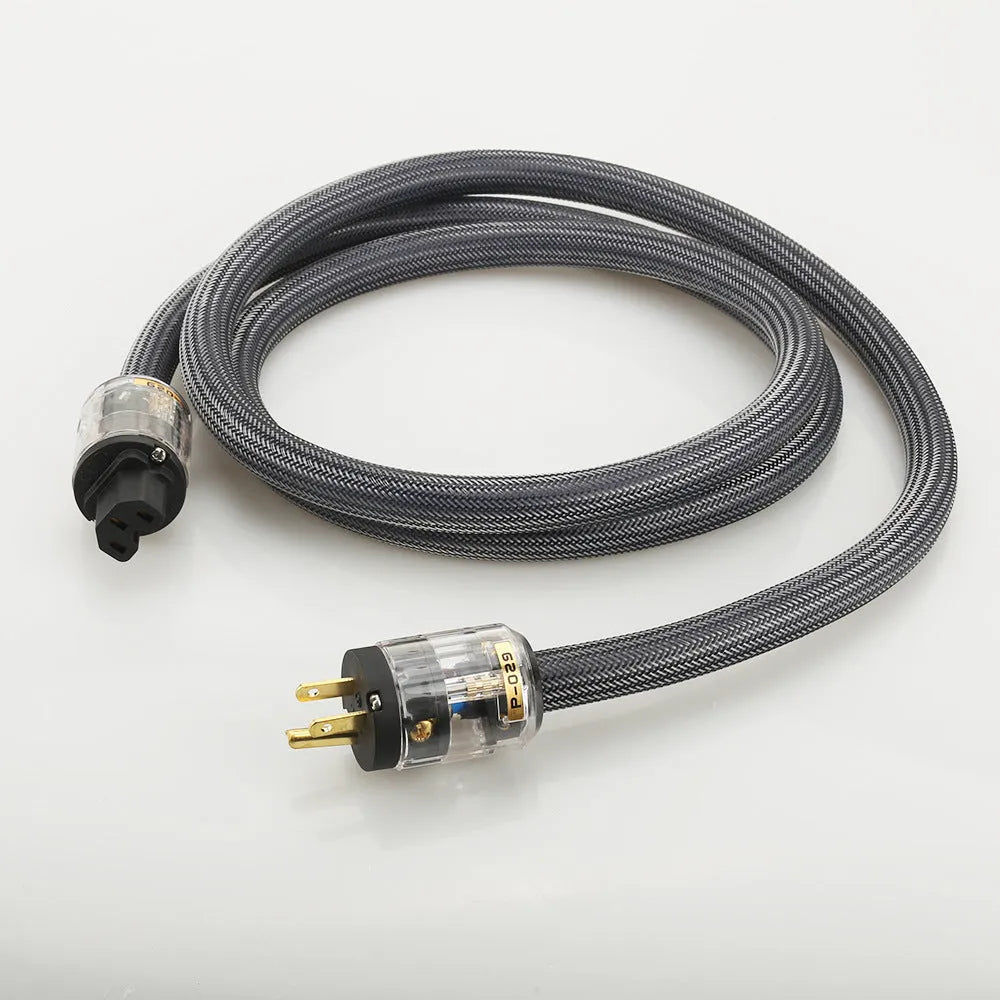 HiFi audio power cord with pure copper conductors showing European and American plug options