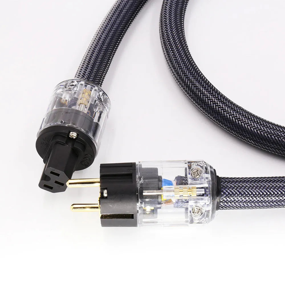 HiFi audio power cord with pure copper conductors showing European and American plug options