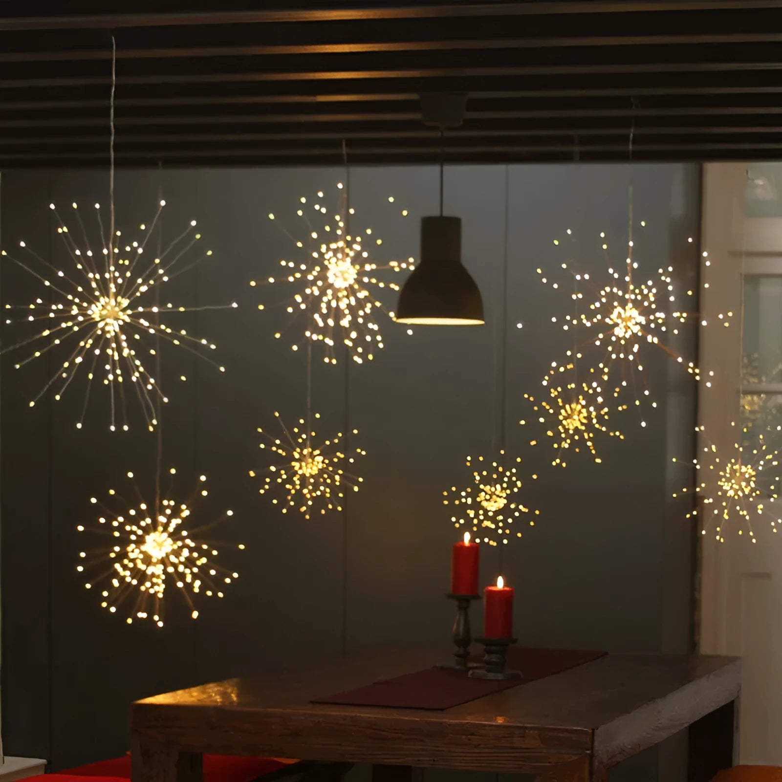 Solar-powered LED meteor shower decorative light with remote control for outdoor garden use.