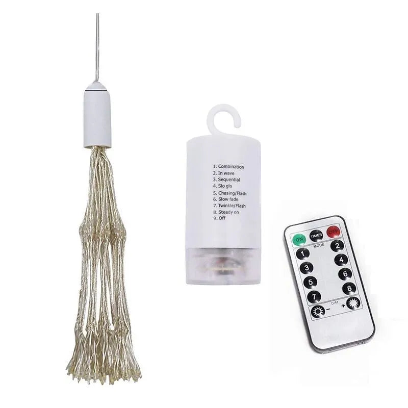 Solar-powered LED meteor shower decorative light with remote control for outdoor garden use.