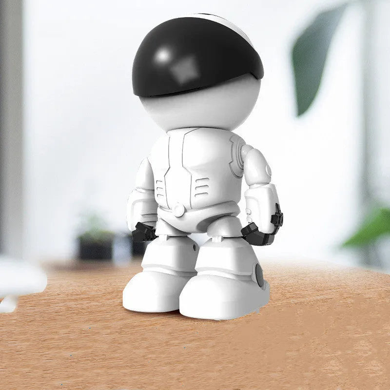 Silver remote-controlled PTZ security camera with wide-angle lens on a plastic housing.