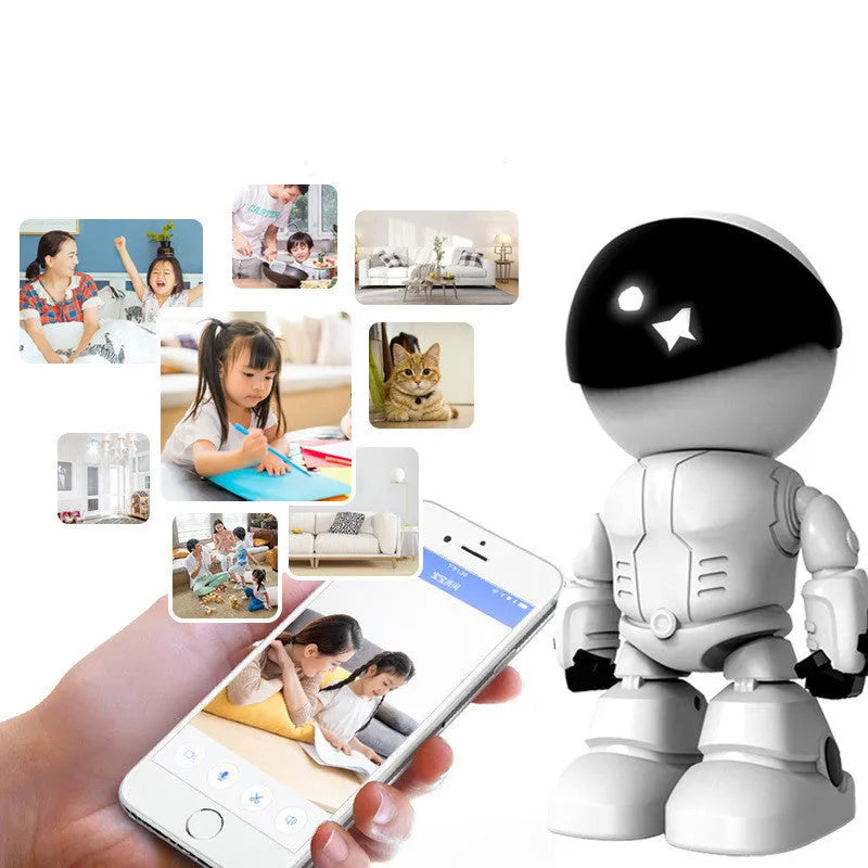 Silver remote-controlled PTZ security camera with wide-angle lens on a plastic housing.