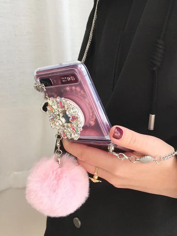 Samsung Galaxy Z Flip cartoon phone case with diagonal diamond hair powder hair ball design