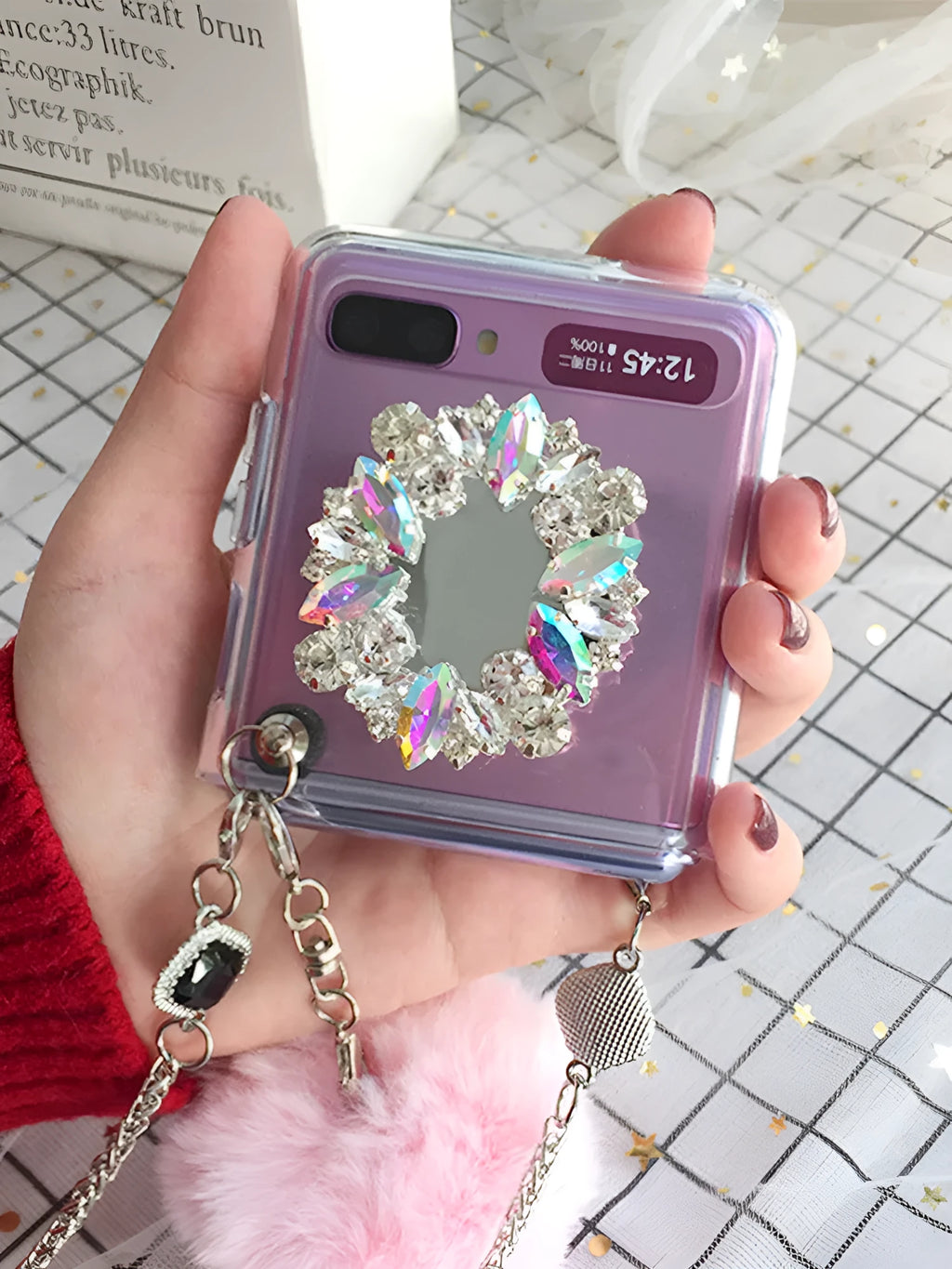 Samsung Galaxy Z Flip cartoon phone case with diagonal diamond hair powder hair ball design