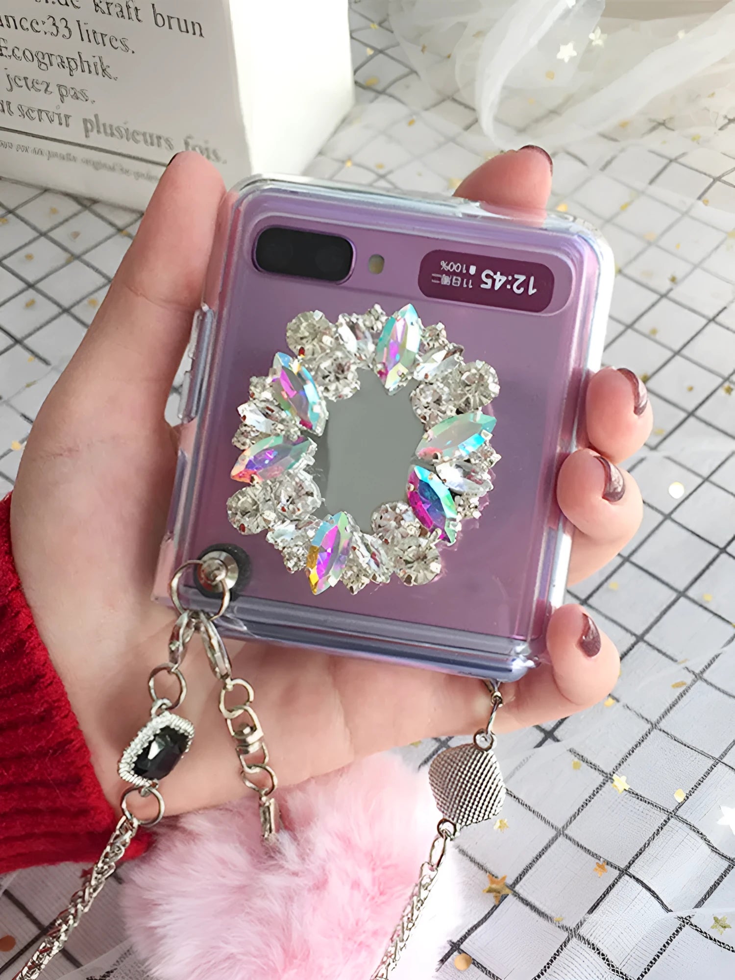 Samsung Galaxy Z Flip cartoon phone case with diagonal diamond hair powder hair ball design